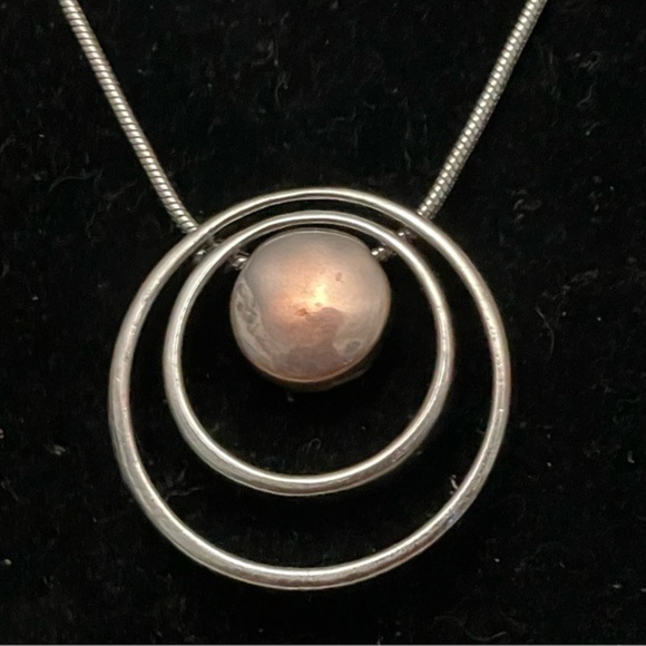 36” silver tone snake chain necklace with two open circles solid round pendant - Picture 3 of 10